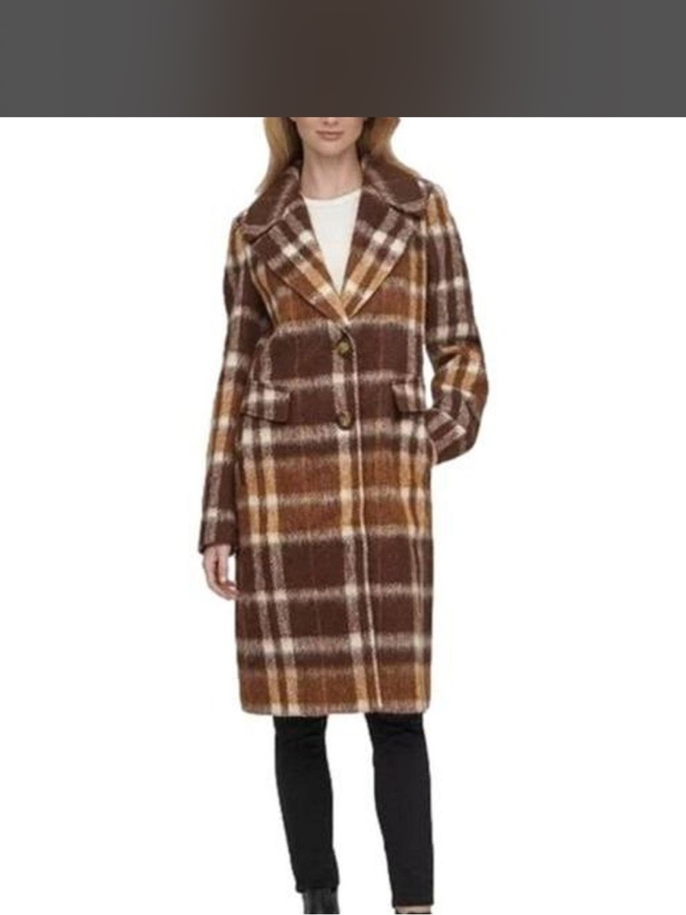 Calvin Klein Brown and Cream Plaid Long Coat